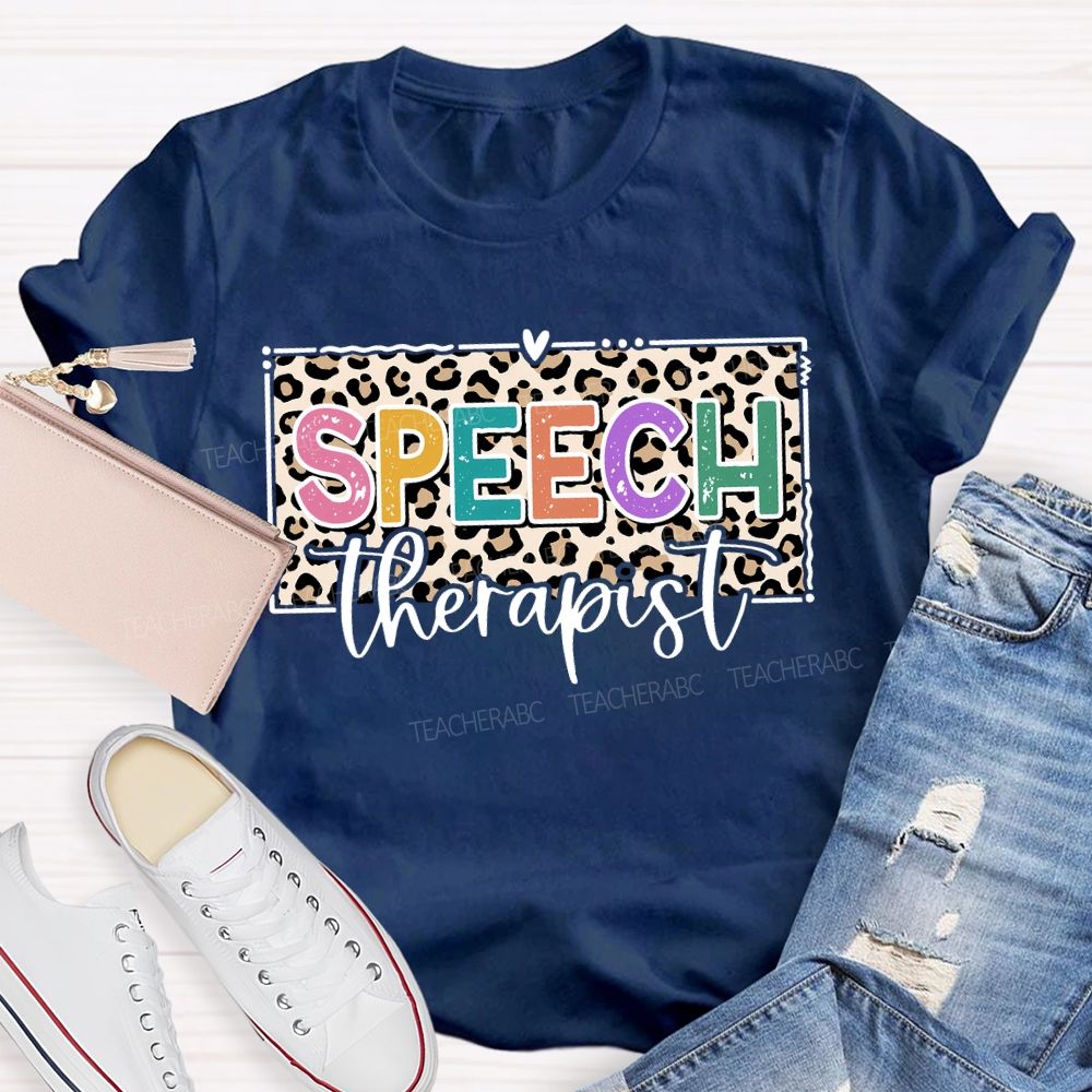 Speech Therapy Leopard Print And Heart Teacher T-shirt