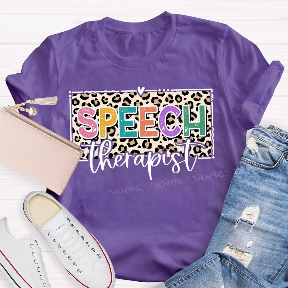 Speech Therapy Leopard Print And Heart Teacher T-shirt