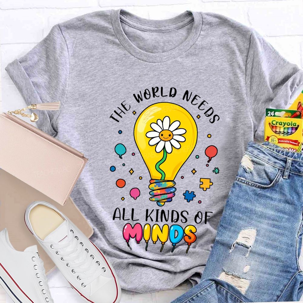 The World Needs All Kinds Of Minds Lightbulb And Sunflower T-shirt