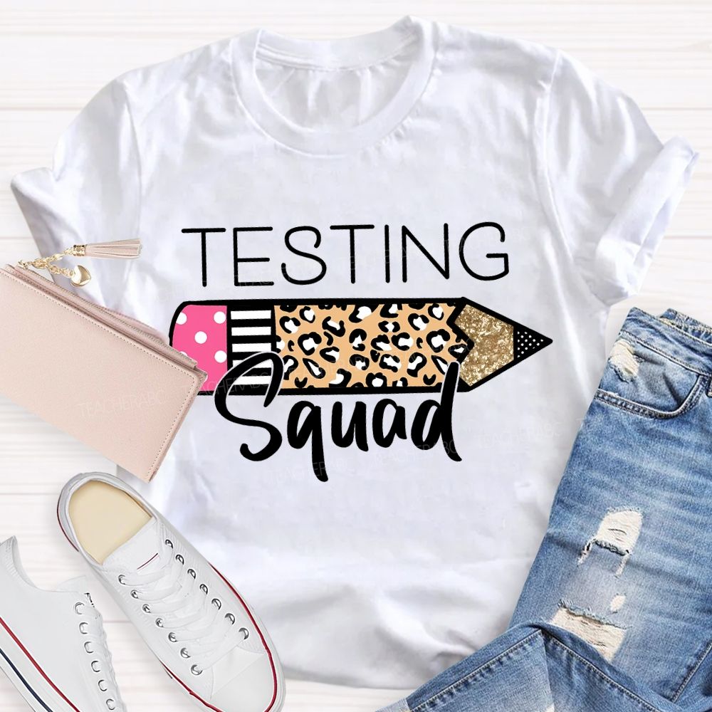 Testing Squad Leopard-Print Pencil Teacher T-shirt