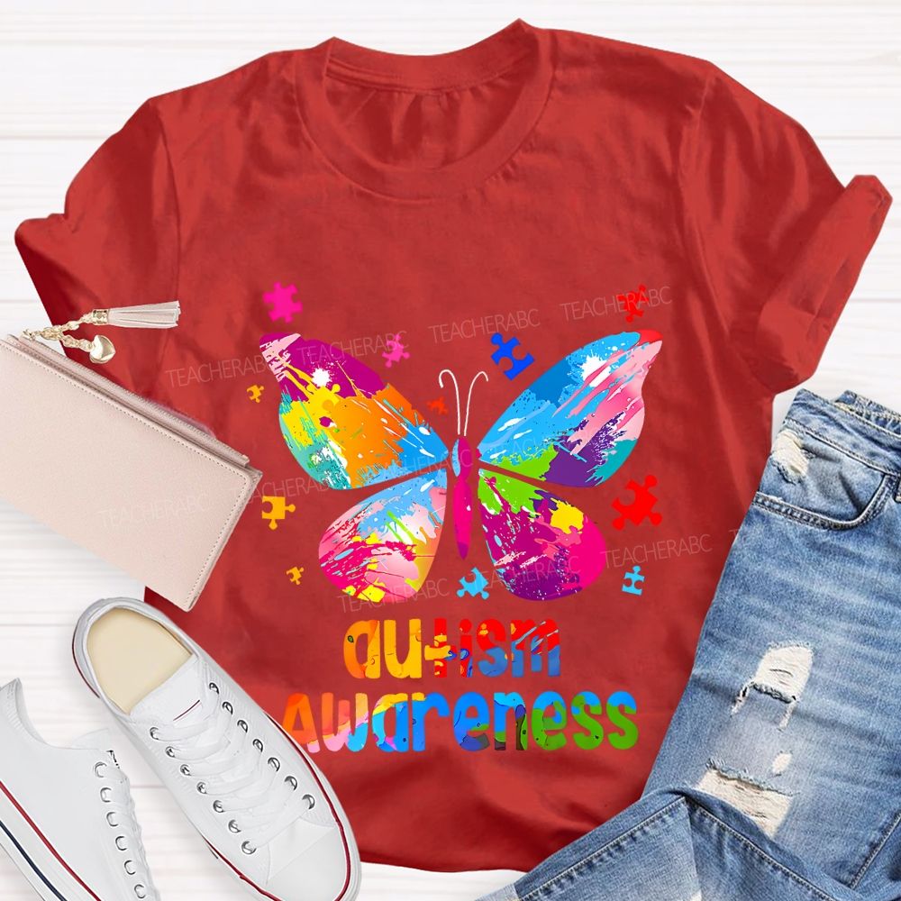 Autism Awareness Colorful Tie-Dye Butterfly Print Teacher T-shirt