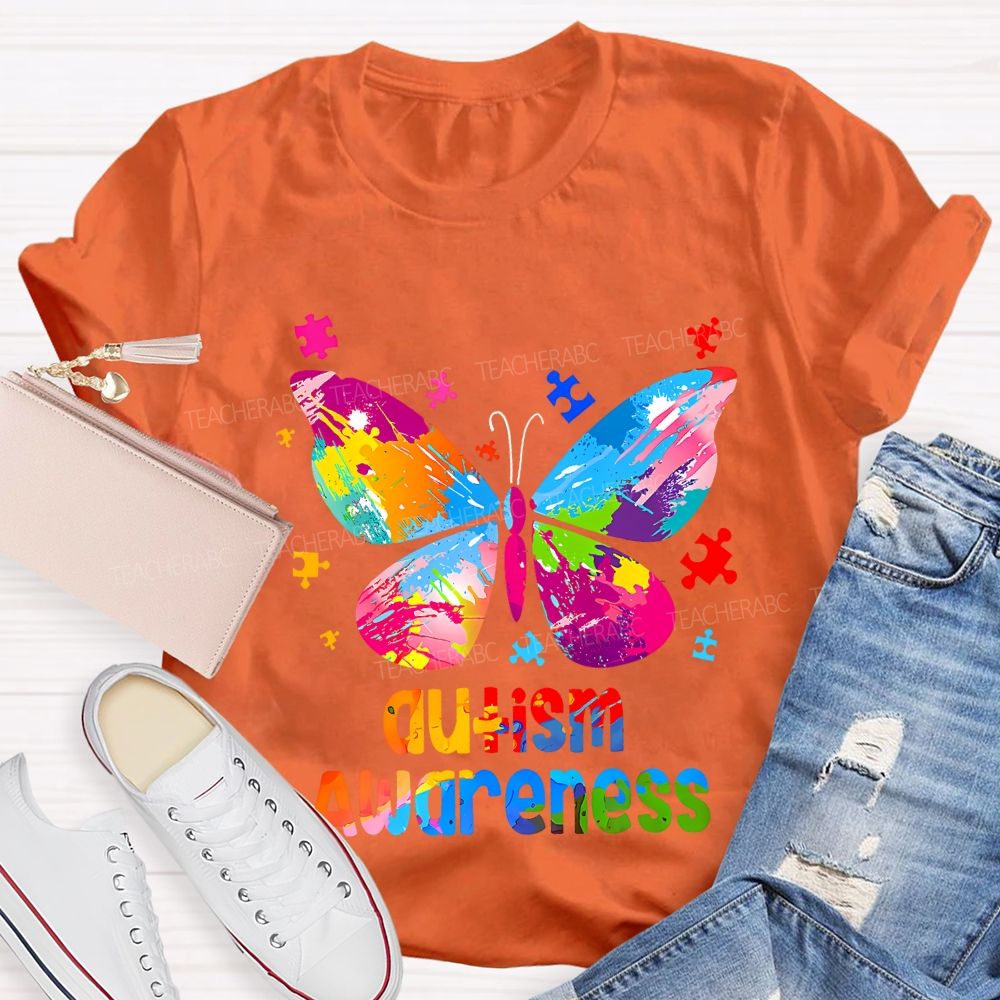 Autism Awareness Colorful Tie-Dye Butterfly Print Teacher T-shirt