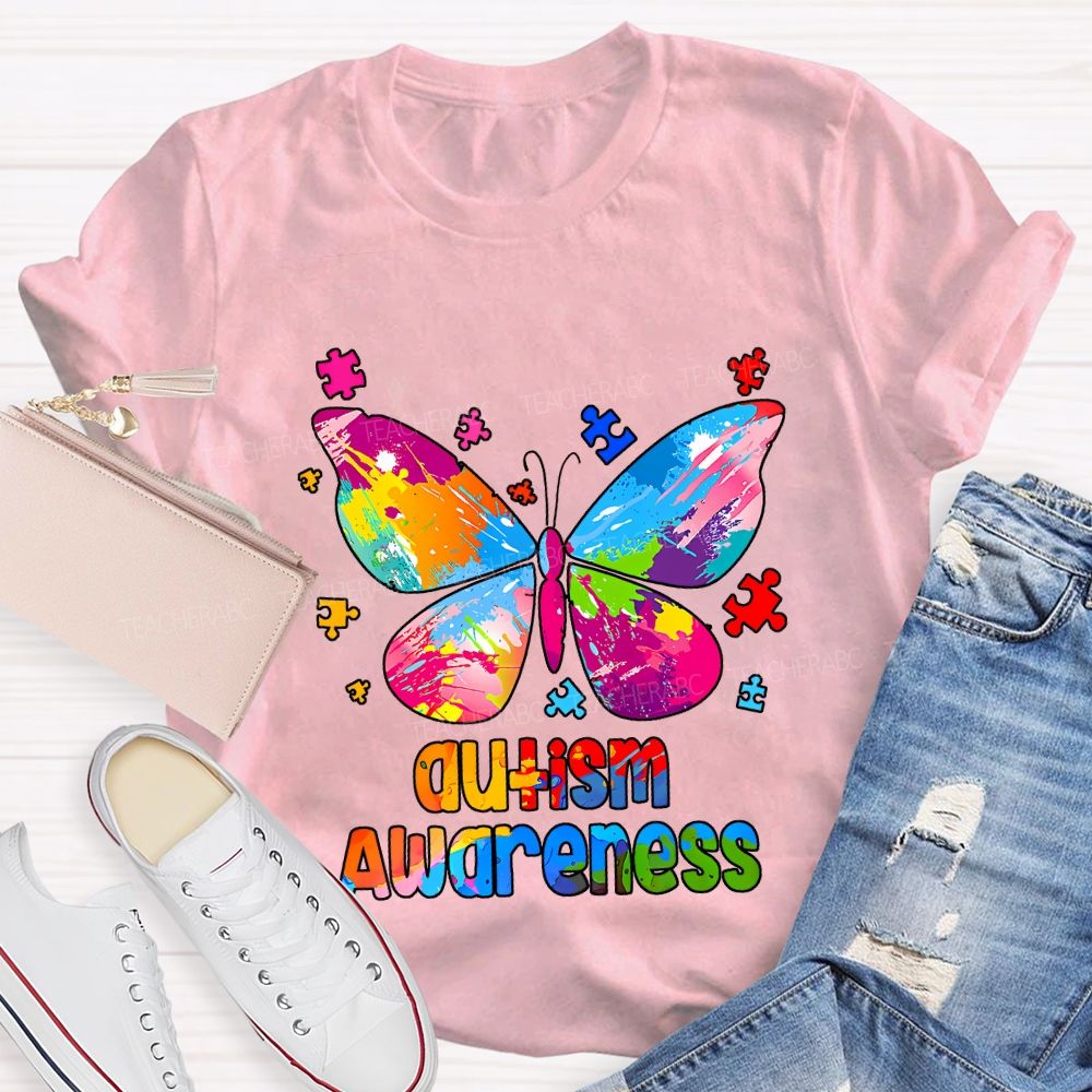 Autism Awareness Colorful Tie-Dye Butterfly Print Teacher T-shirt