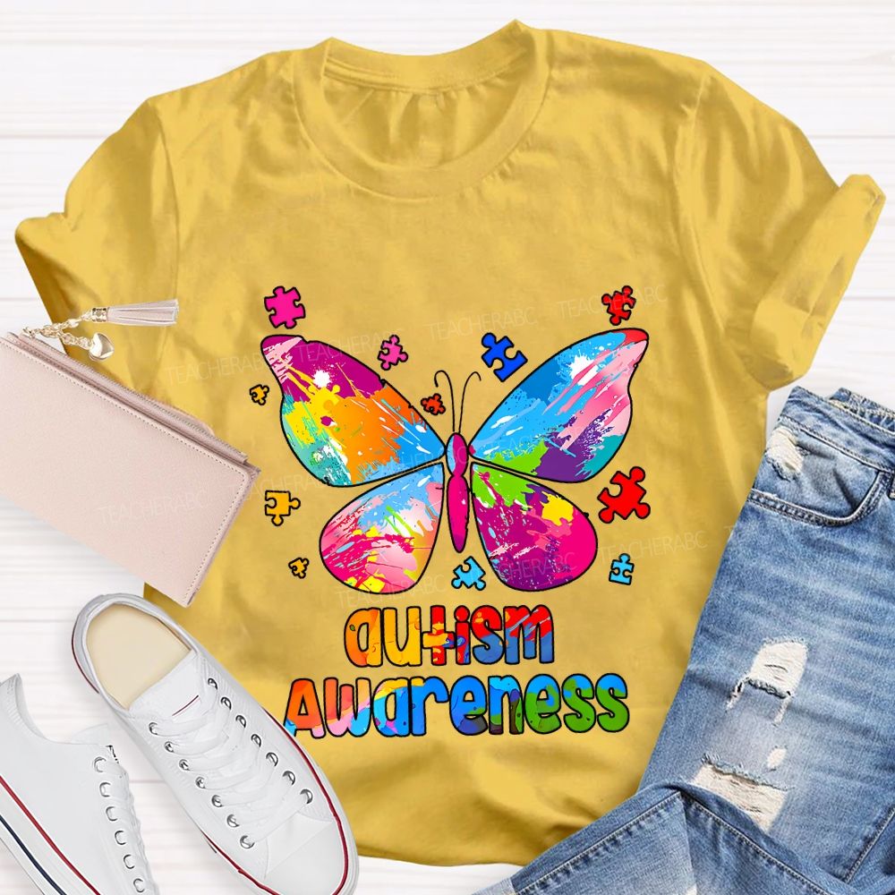 Autism Awareness Colorful Tie-Dye Butterfly Print Teacher T-shirt