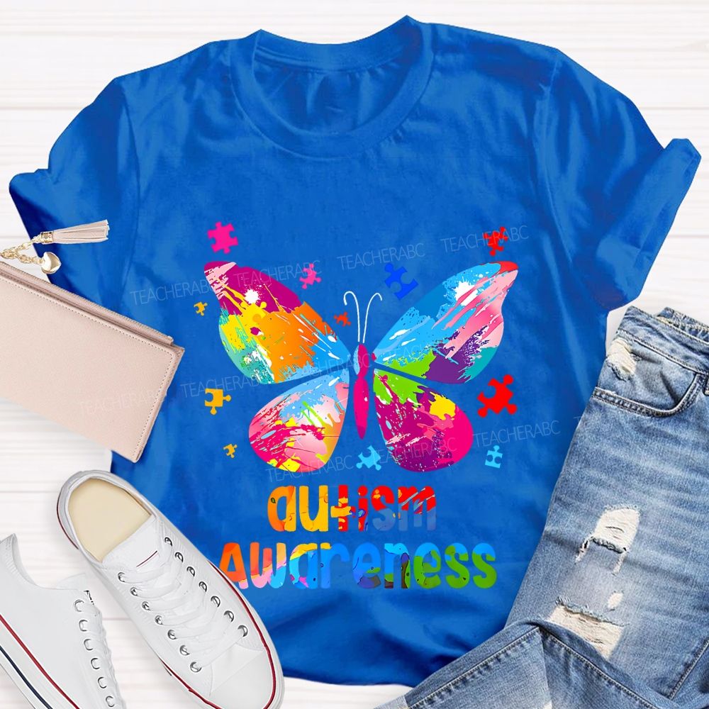 Autism Awareness Colorful Tie-Dye Butterfly Print Teacher T-shirt