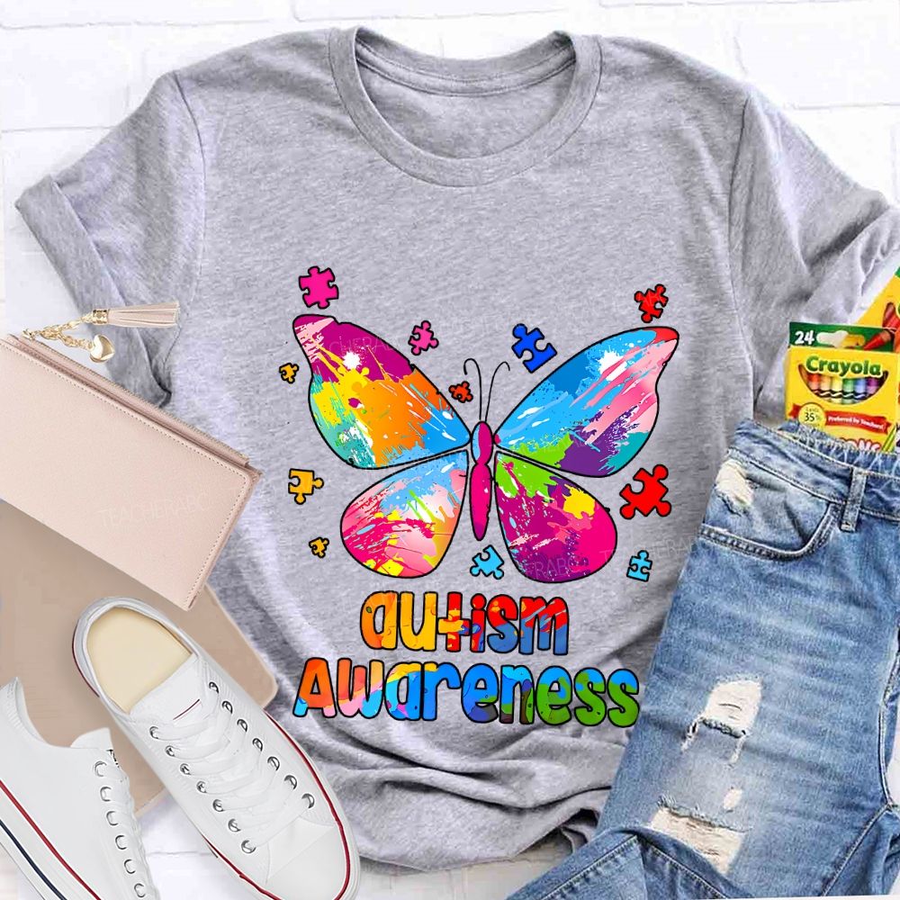 Autism Awareness Colorful Tie-Dye Butterfly Print Teacher T-shirt