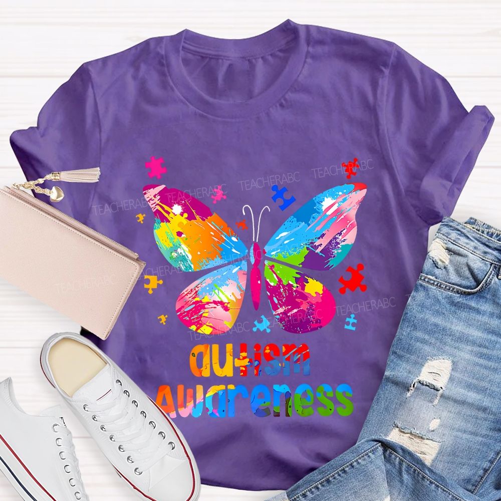 Autism Awareness Colorful Tie-Dye Butterfly Print Teacher T-shirt