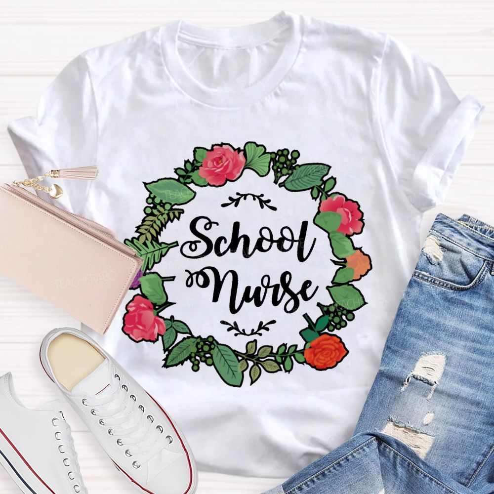 School Nurse And Floral Wreath Print T-shirt