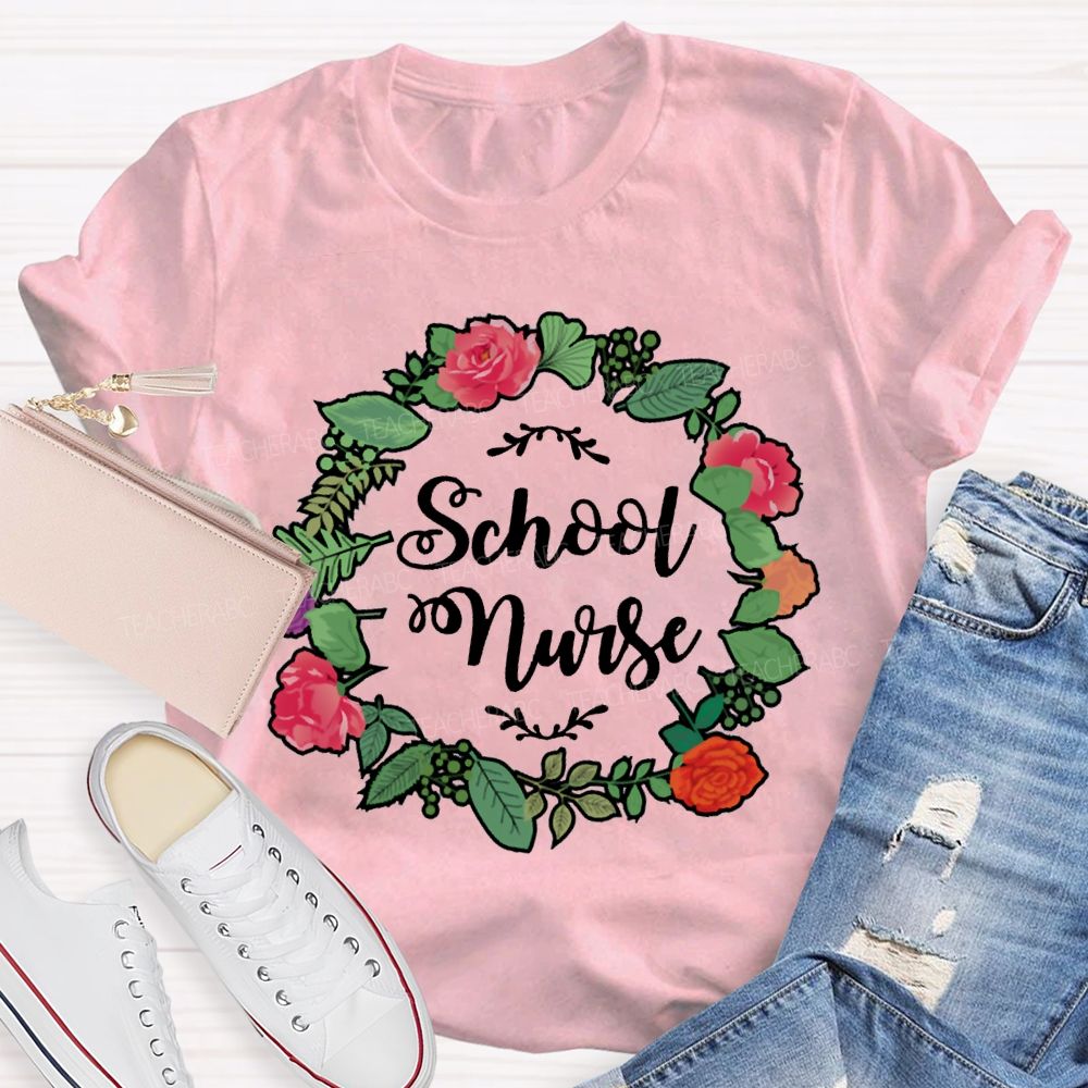 School Nurse And Floral Wreath Print T-shirt