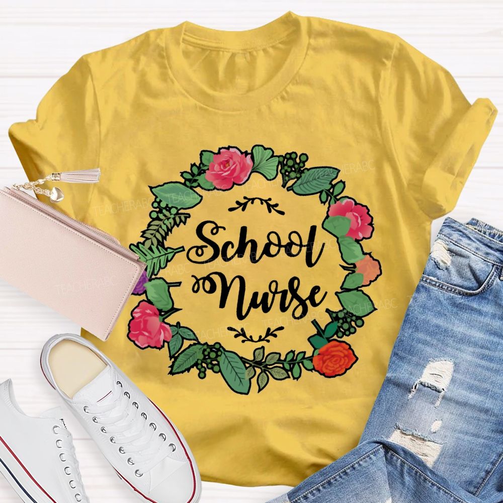 School Nurse And Floral Wreath Print T-shirt