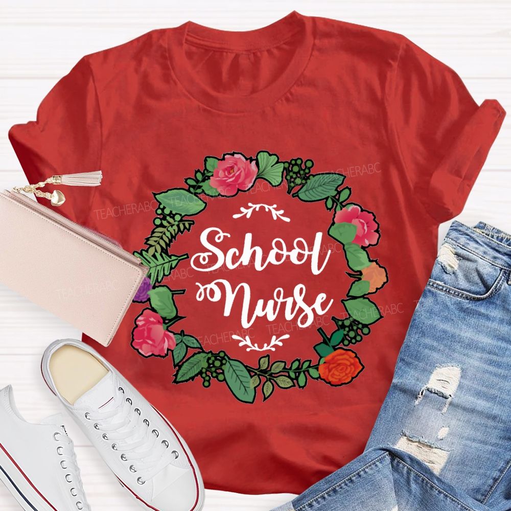 School Nurse And Floral Wreath Print T-shirt