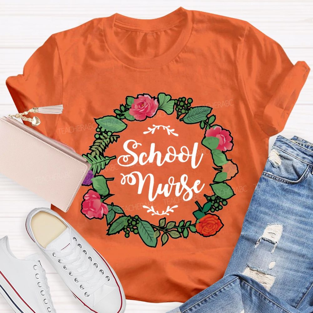 School Nurse And Floral Wreath Print T-shirt