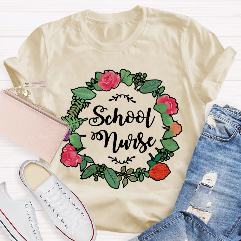 School Nurse And Floral Wreath Print T-shirt