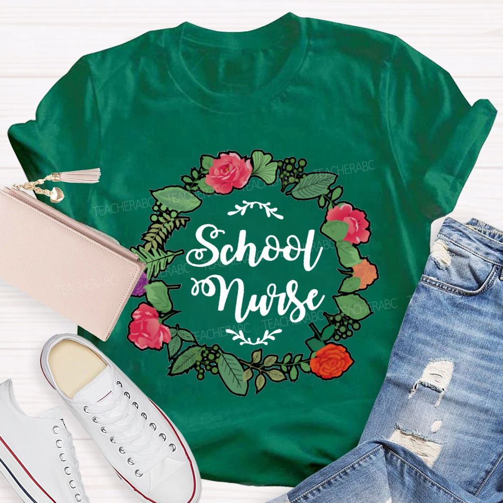 School Nurse And Floral Wreath Print T-shirt
