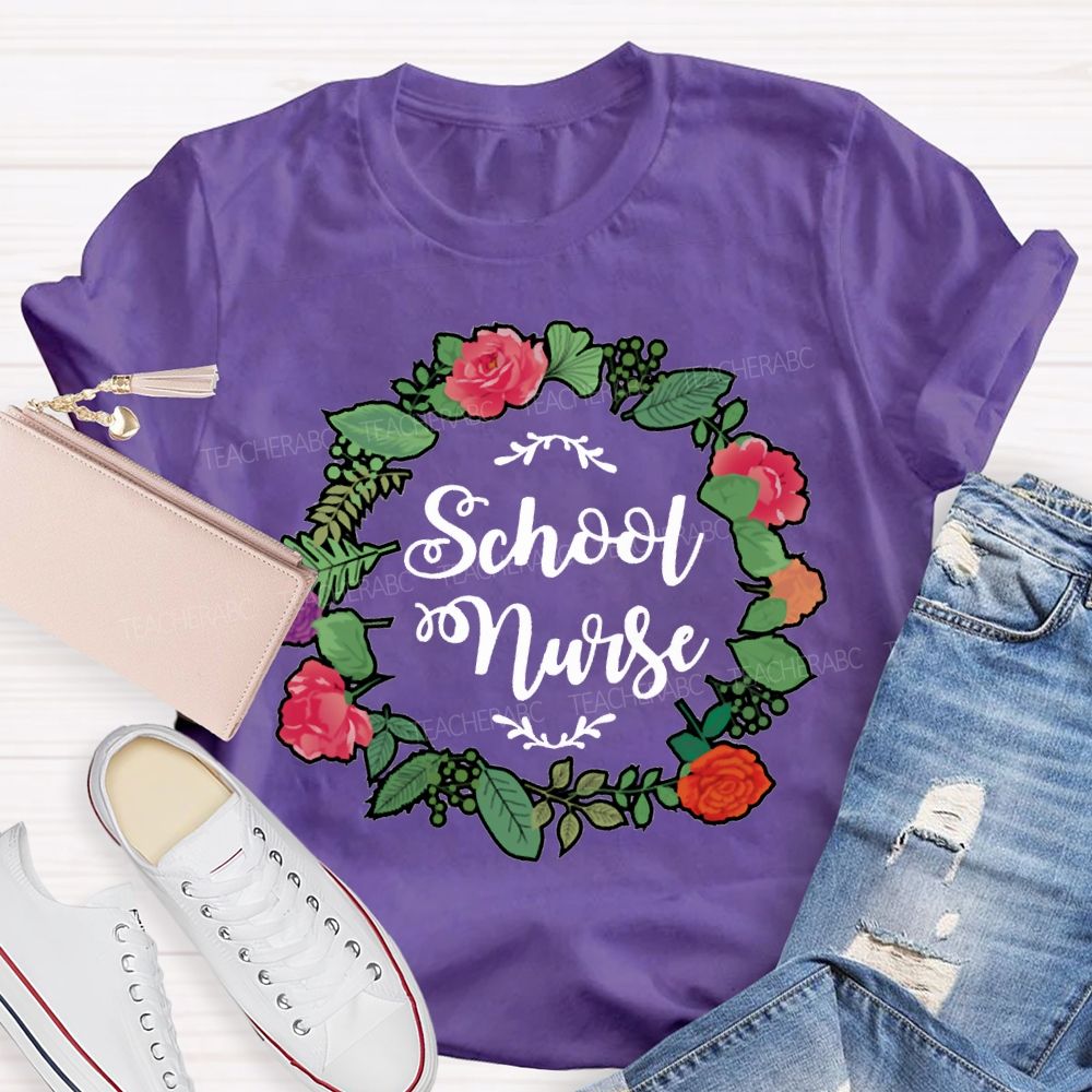 School Nurse And Floral Wreath Print T-shirt