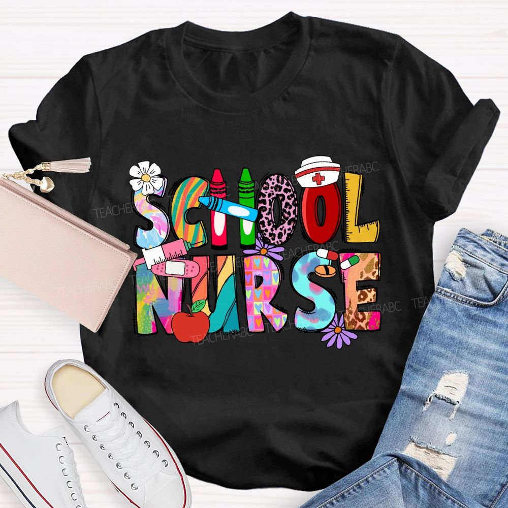 School Nurse Pink Leopard Crayon T-shirt