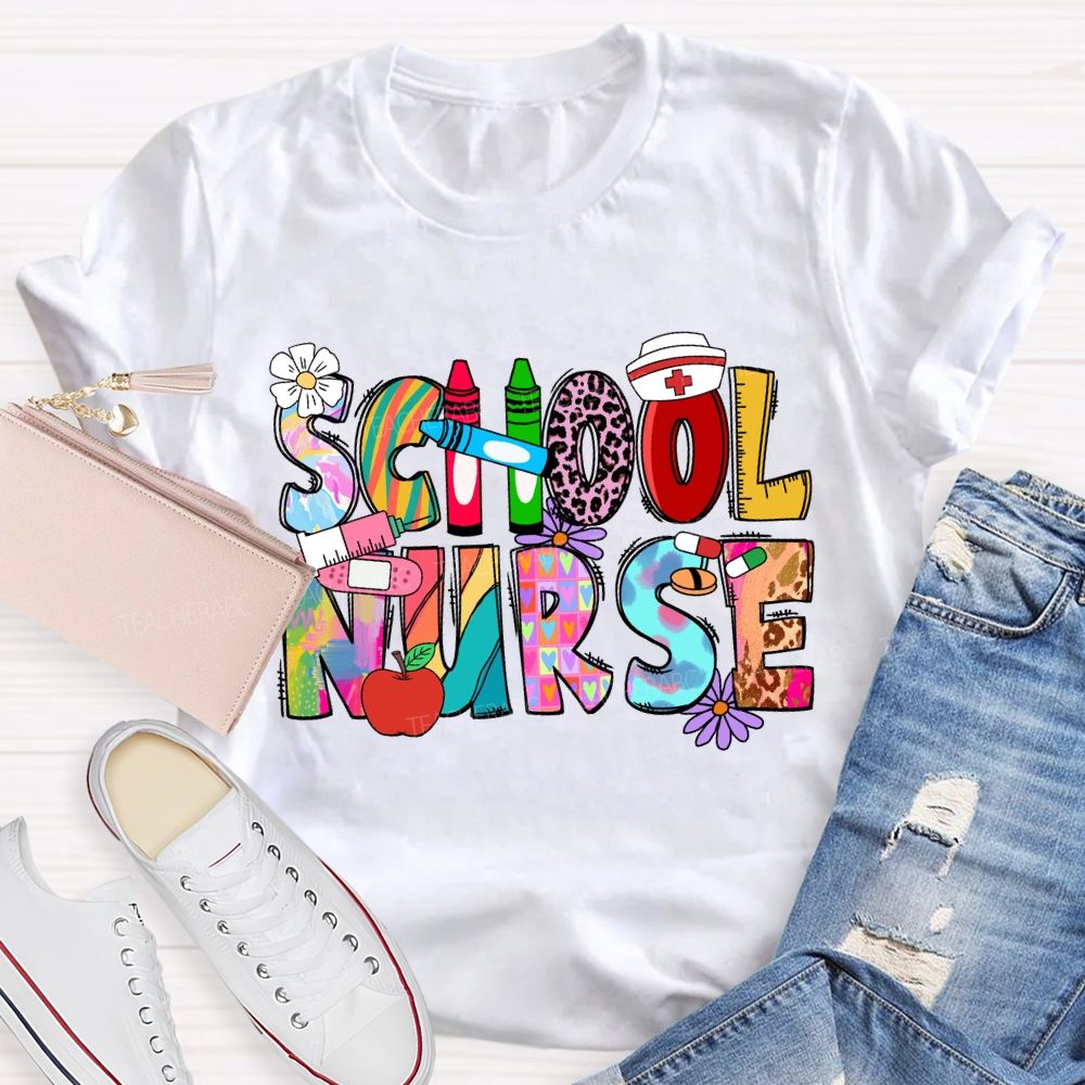 School Nurse Pink Leopard Crayon T-shirt