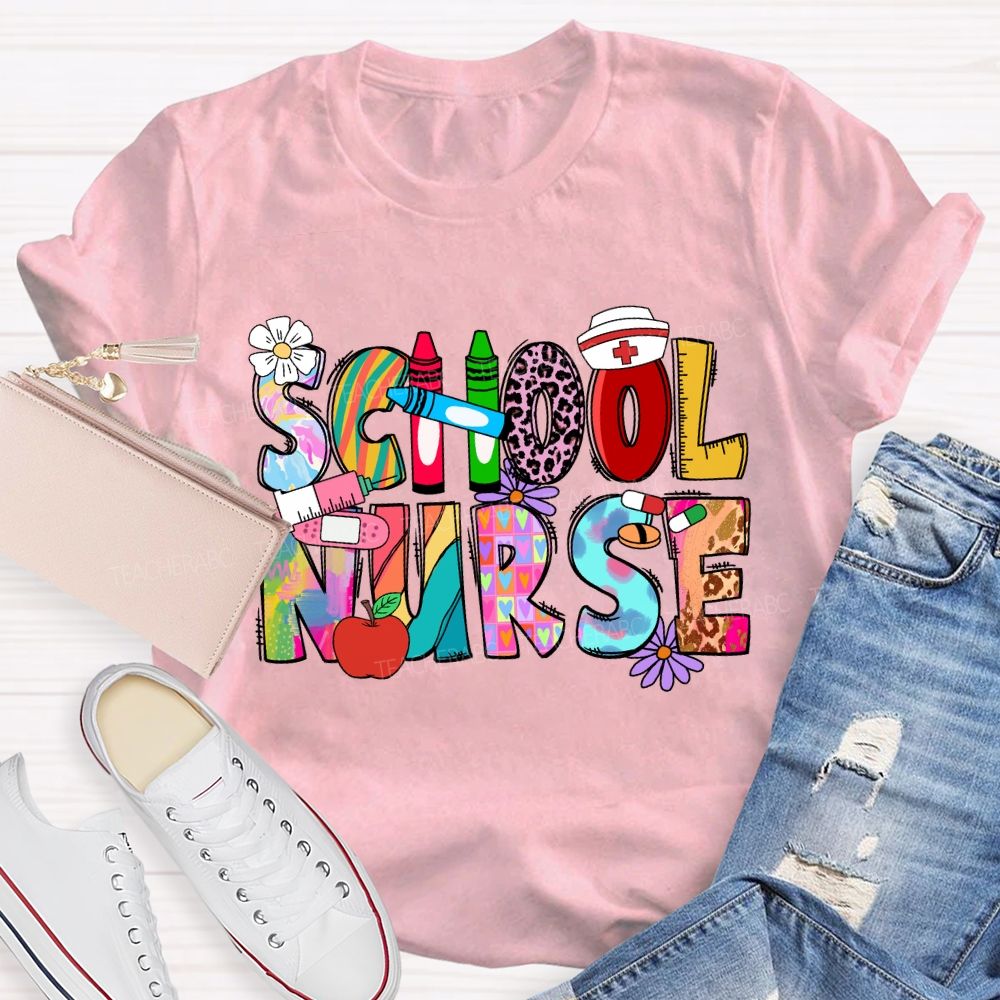 School Nurse Pink Leopard Crayon T-shirt