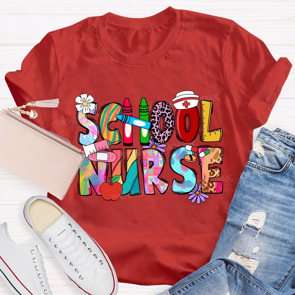 School Nurse Pink Leopard Crayon T-shirt