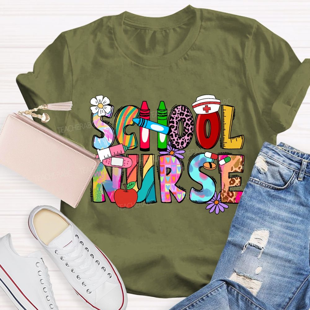 School Nurse Pink Leopard Crayon T-shirt
