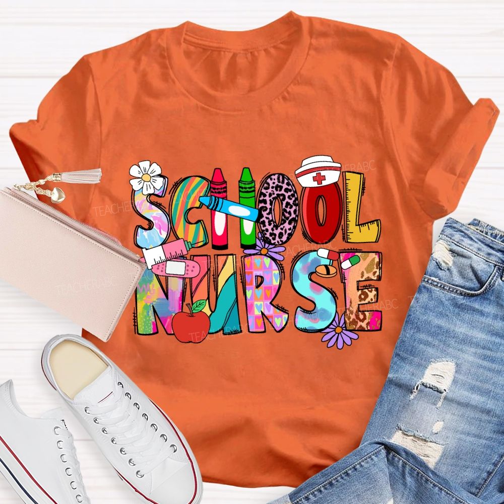 School Nurse Pink Leopard Crayon T-shirt