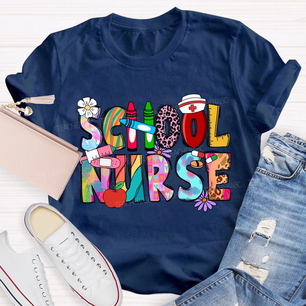 School Nurse Pink Leopard Crayon T-shirt
