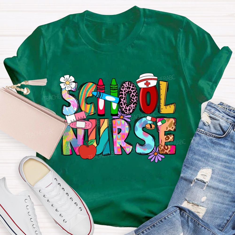 School Nurse Pink Leopard Crayon T-shirt