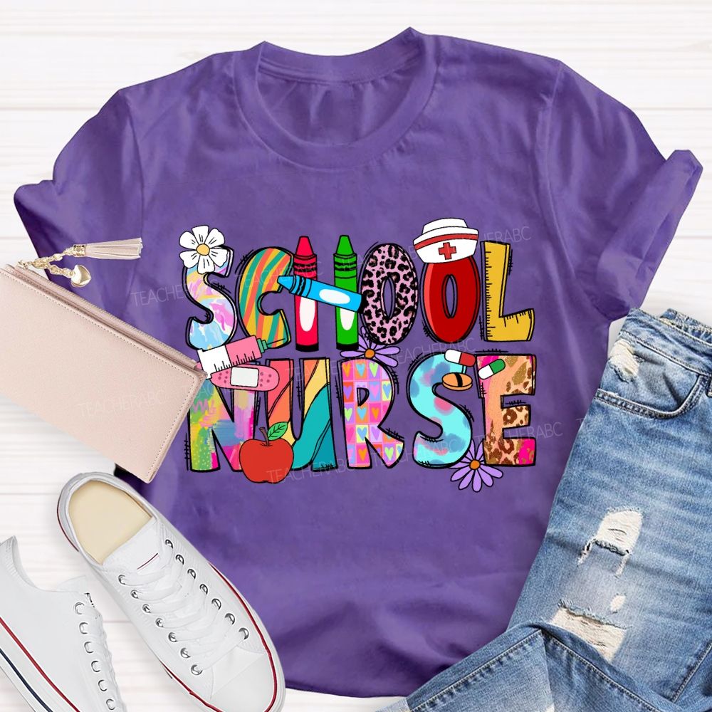 School Nurse Pink Leopard Crayon T-shirt