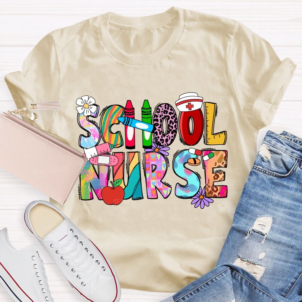 School Nurse Pink Leopard Crayon T-shirt