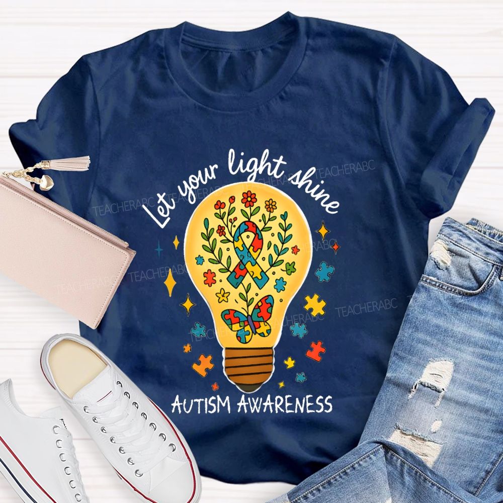 Let Your Light Shine Autism Awareness Floral Butterfly Teacher T-shirt