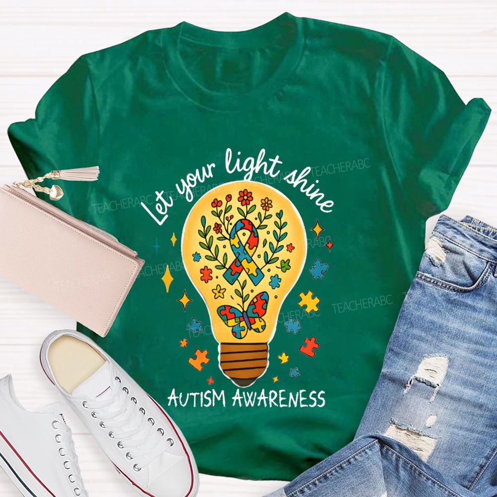 Let Your Light Shine Autism Awareness Floral Butterfly Teacher T-shirt