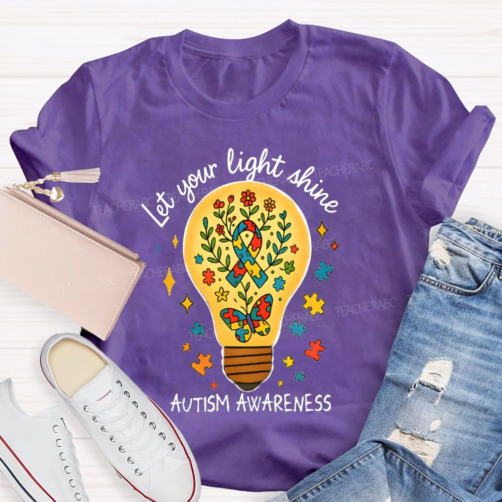 Let Your Light Shine Autism Awareness Floral Butterfly Teacher T-shirt