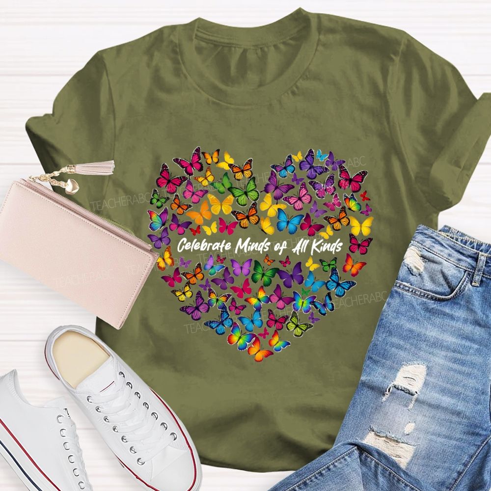 Celebrate Minds of All Kinds Butterfly Heart Teacher T-shirt