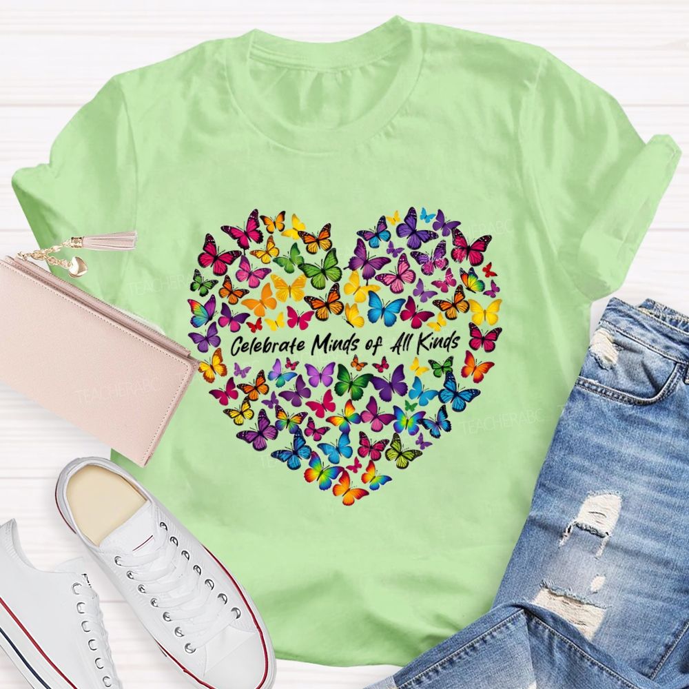 Celebrate Minds of All Kinds Butterfly Heart Teacher T-shirt
