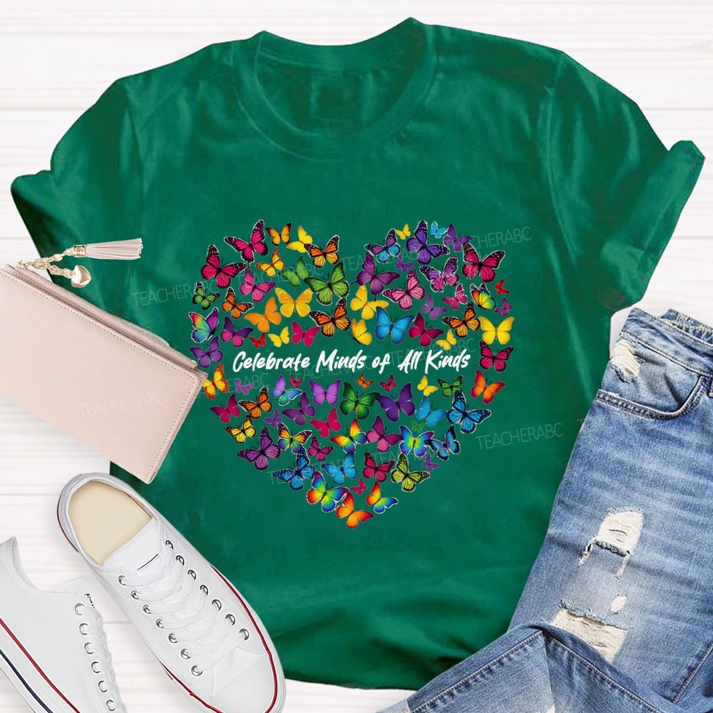 Celebrate Minds of All Kinds Butterfly Heart Teacher T-shirt