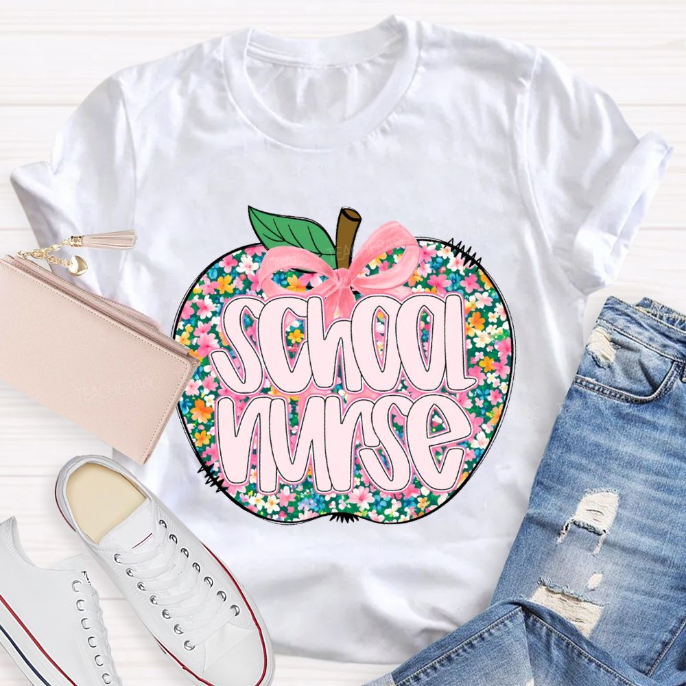 School Nurse Apple With Colorful Little Flowers T-shirt