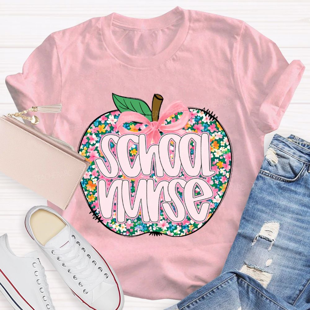 School Nurse Apple With Colorful Little Flowers T-shirt