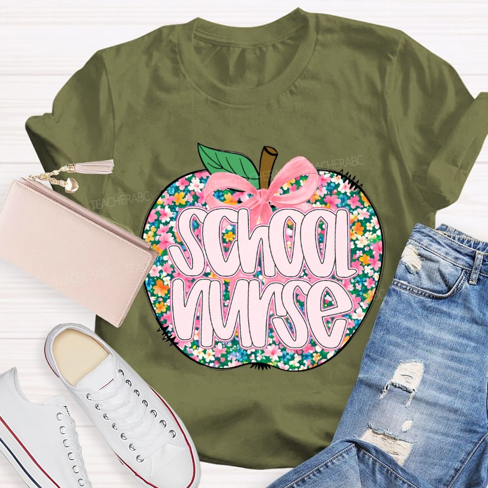 School Nurse Apple With Colorful Little Flowers T-shirt