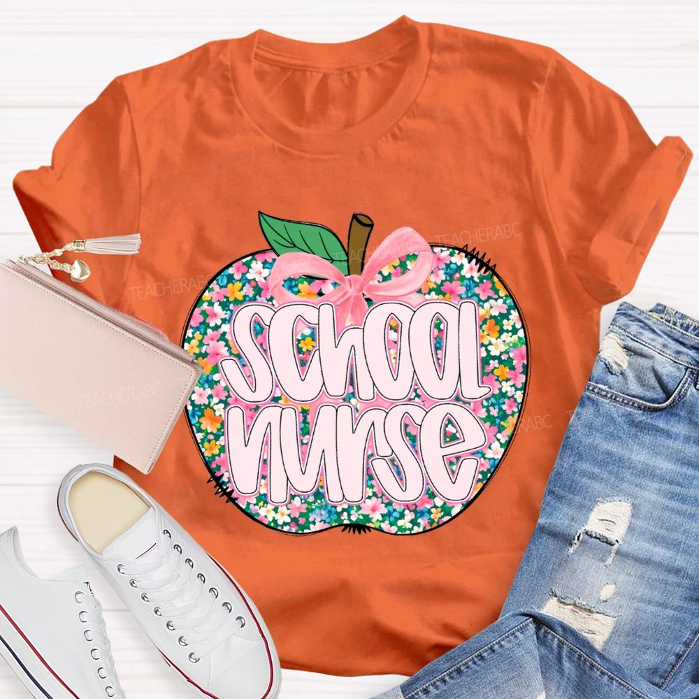 School Nurse Apple With Colorful Little Flowers T-shirt