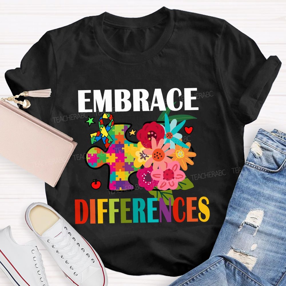 Embrace Difference Floral Puzzle Teacher T-Shirt