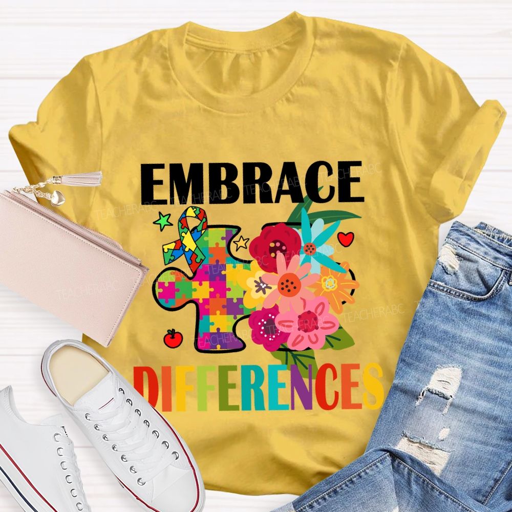 Embrace Difference Floral Puzzle Teacher T-Shirt