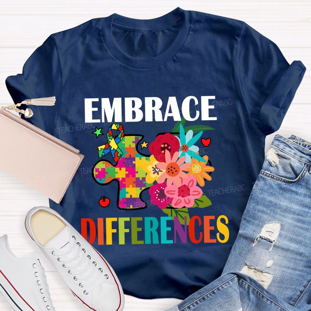 Embrace Difference Floral Puzzle Teacher T-Shirt