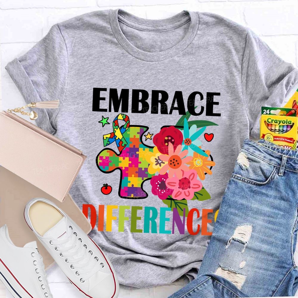 Embrace Difference Floral Puzzle Teacher T-Shirt