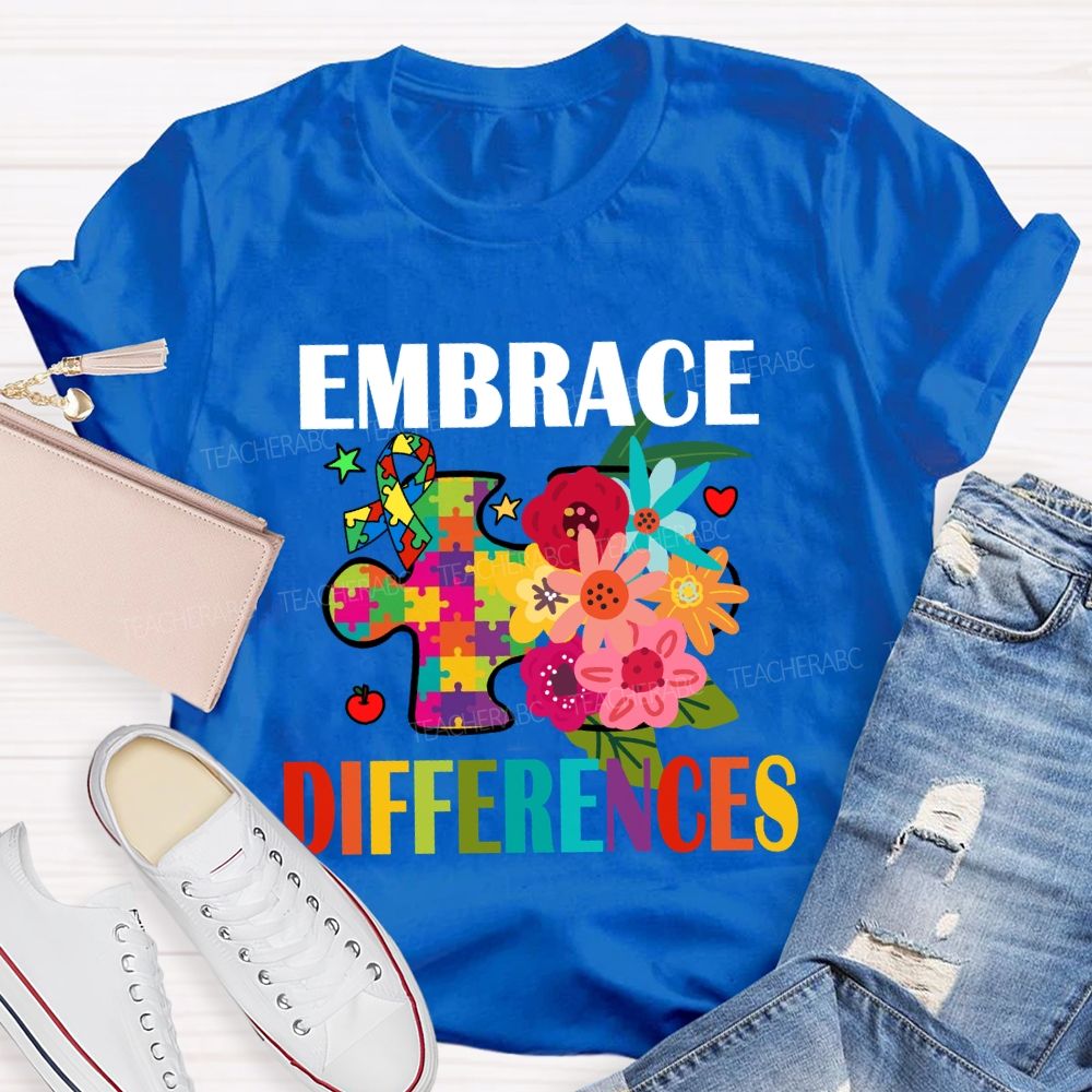 Embrace Difference Floral Puzzle Teacher T-Shirt