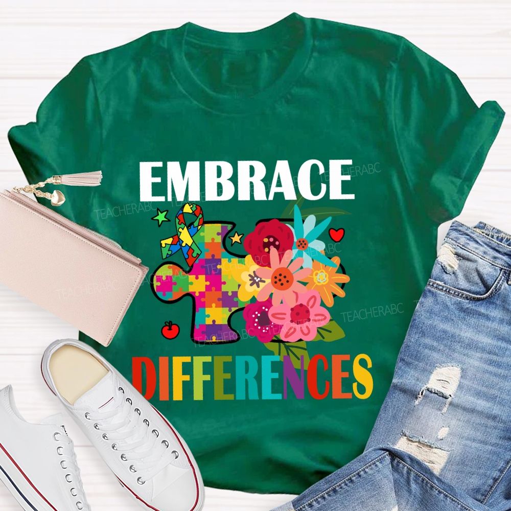 Embrace Difference Floral Puzzle Teacher T-Shirt