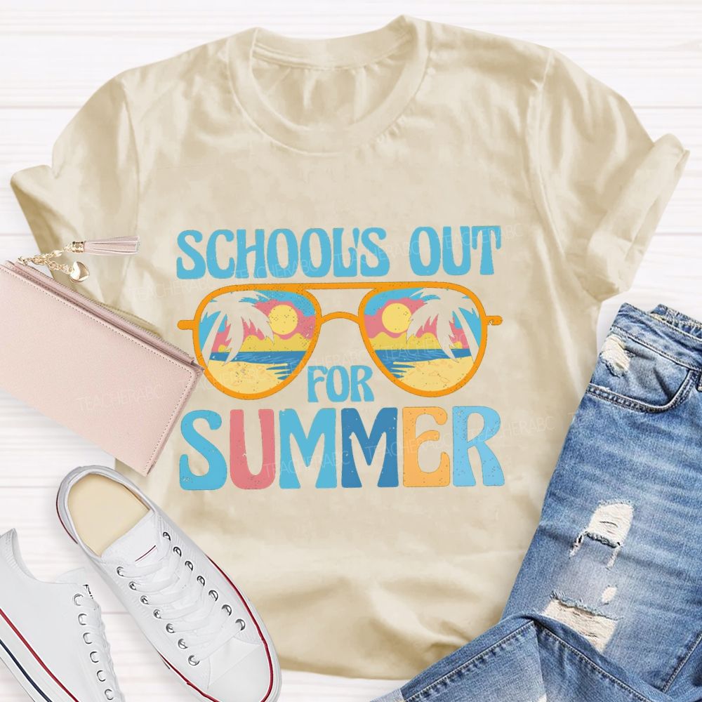 School's Out For Summer Colorful Letters Sunglasses Teacher T-Shirt