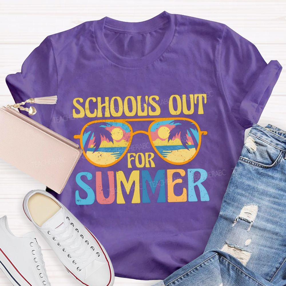 School's Out For Summer Colorful Letters Sunglasses Teacher T-Shirt