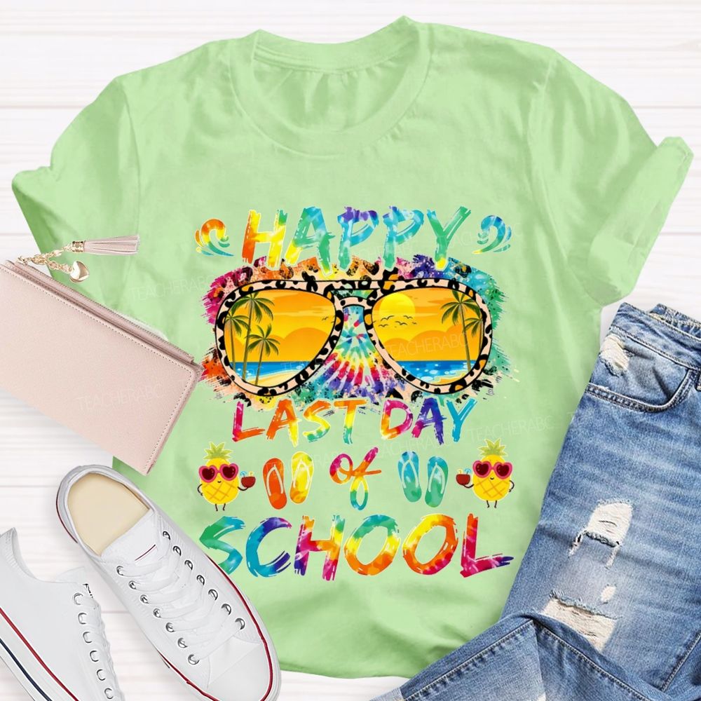 Happy Last Day Of School Colorful Tie-Dye Prints And Lettering Teacher T-shirt