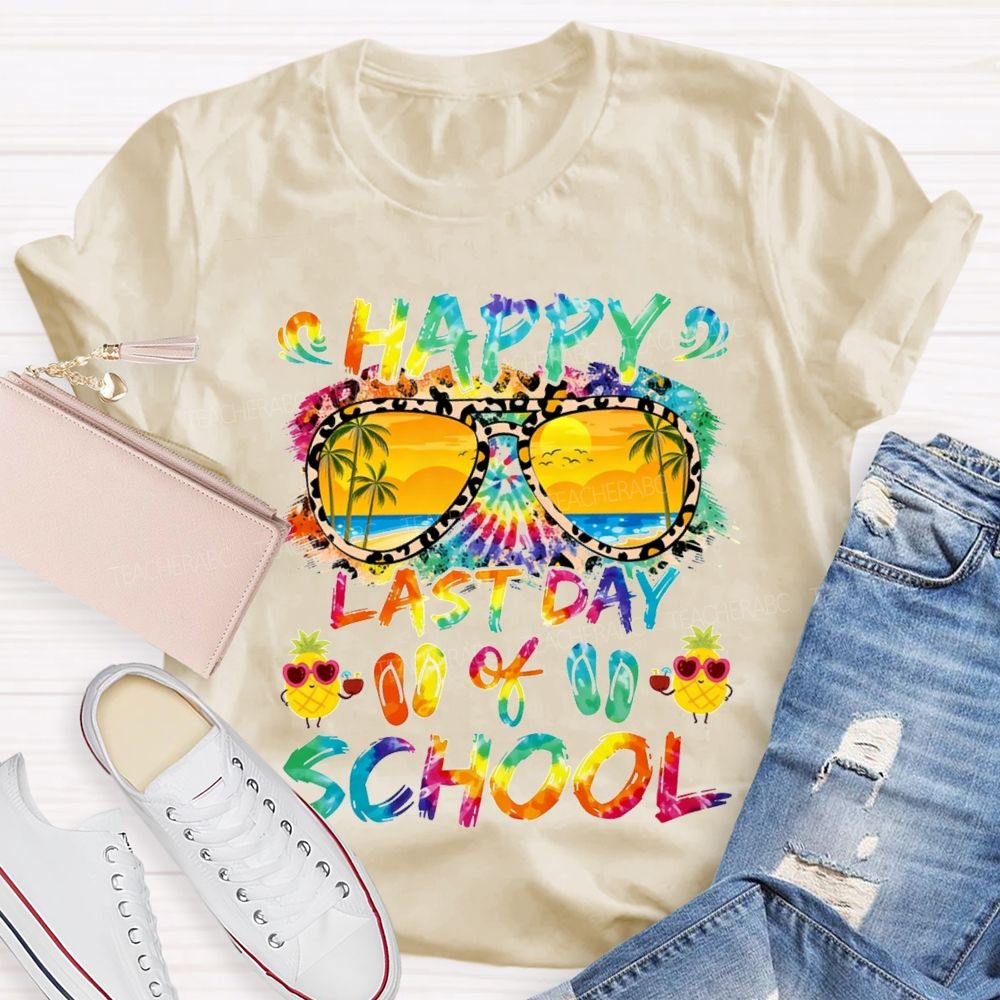 Happy Last Day Of School Colorful Tie-Dye Prints And Lettering Teacher T-shirt