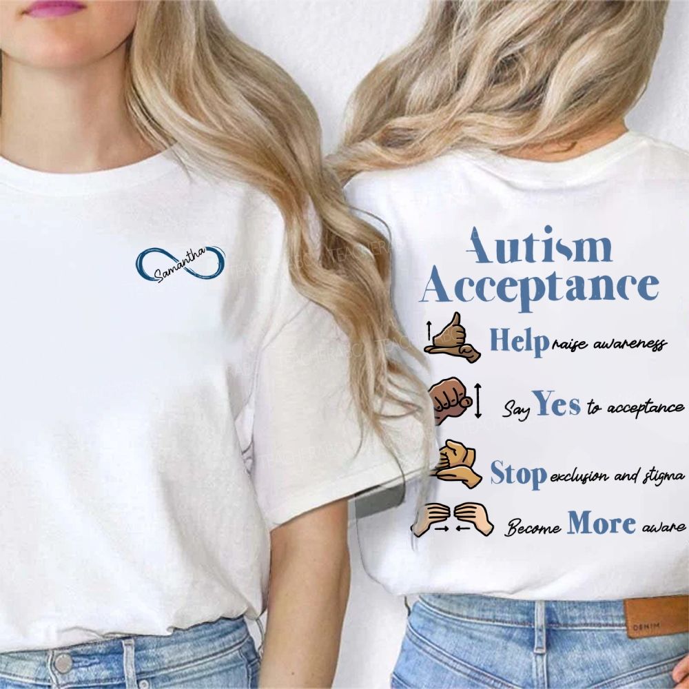 Personalized Name Autism Acceptance Help Raise Awareness Say Yes To Acceptance Double Printed T-shirt